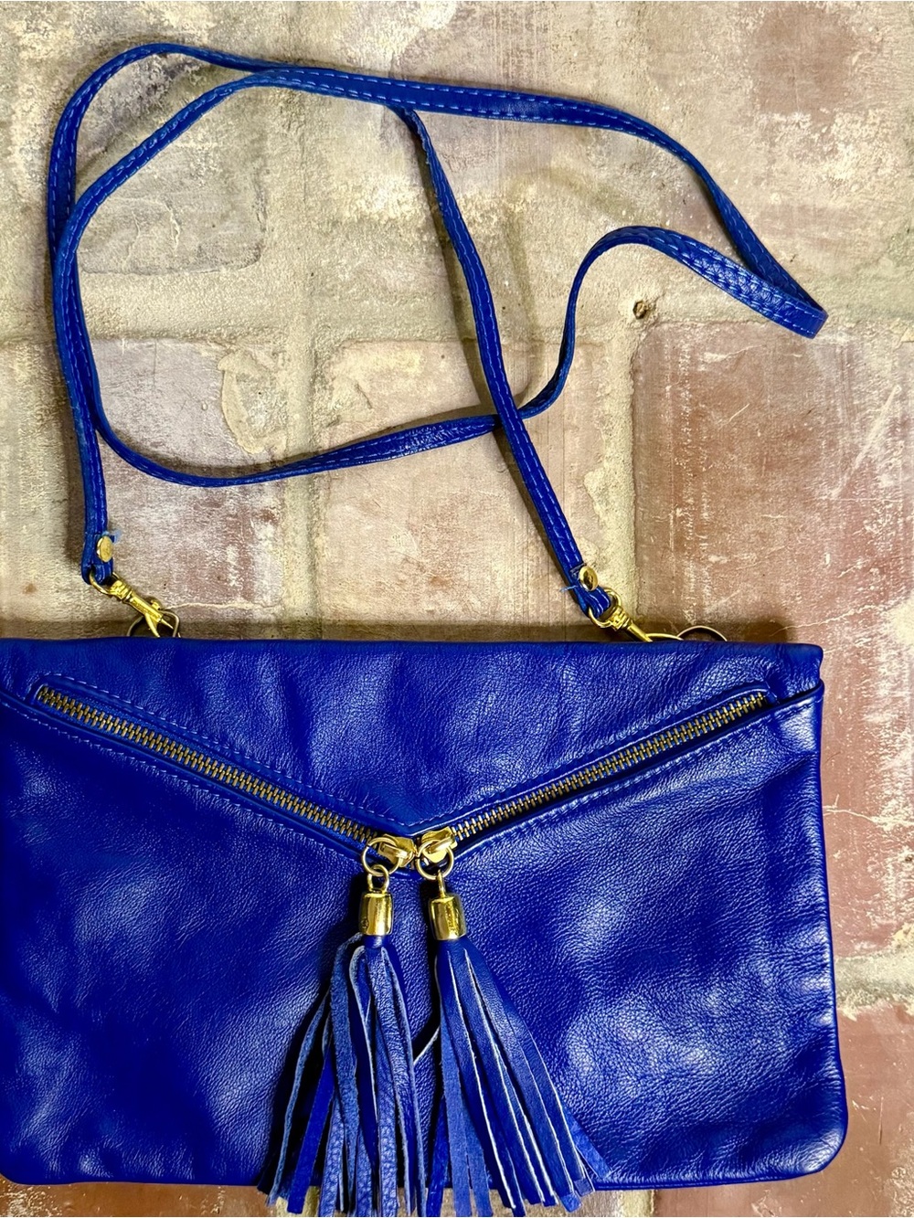 Italian Genuine Leather Royal Blue Tassel Crossbody - Picture 5 of 5